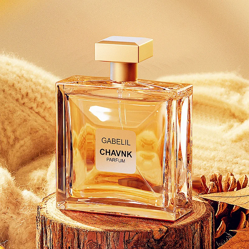 Square amber perfume bottle with gold cap
